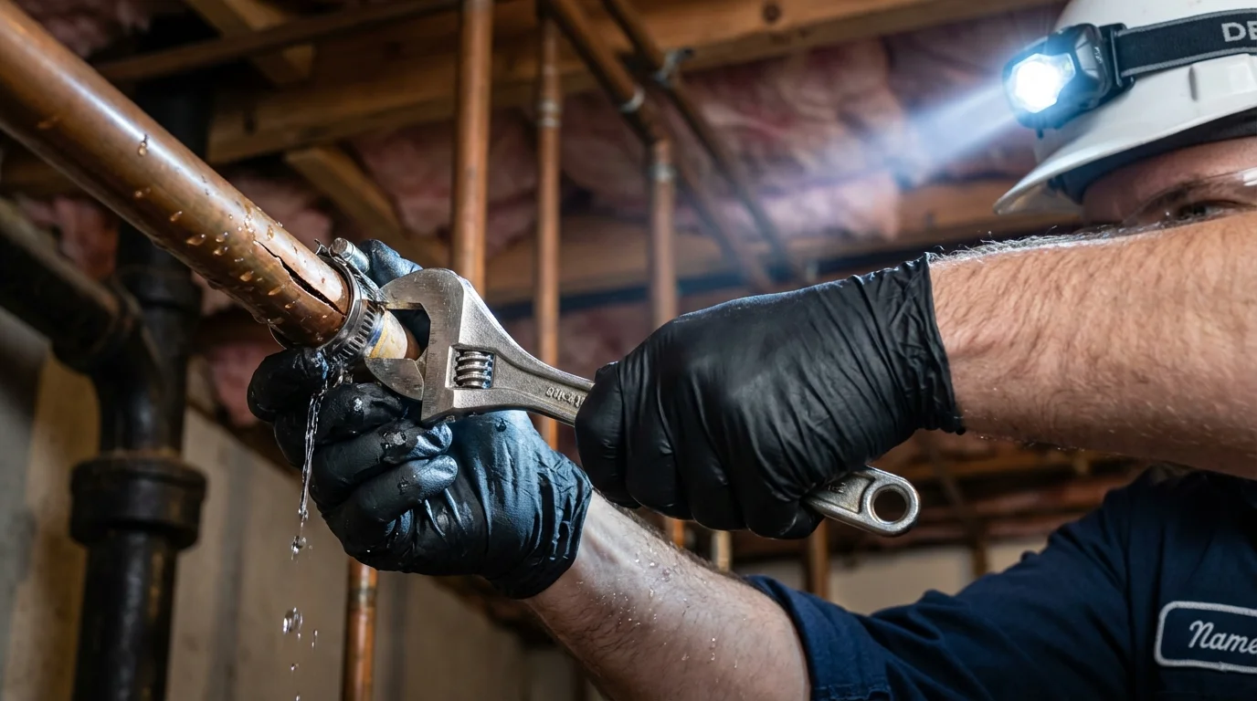 Emergency pipe clamp repair being performed by a Johns Plumbing LLC plumber in Telluride