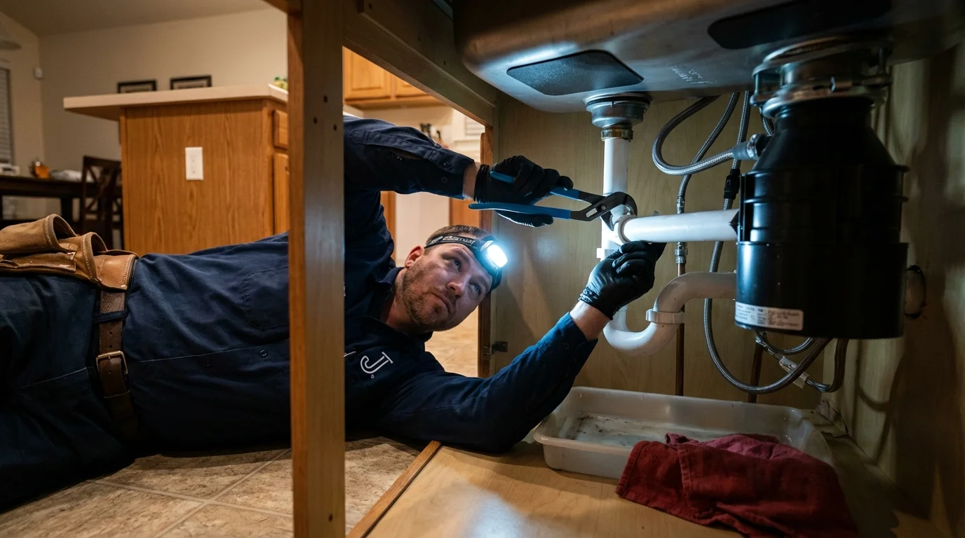 P-trap and supply line connections under a kitchen sink showing a common leak point in Telluride, CO